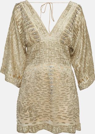 Roberto Cavalli Gold Embellished Silk Mini Dress