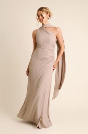 Six Stories One Shoulder Chiffon Bridesmaid Dress in Truffle at Nordstrom, Size 14