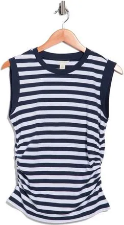 Caslon Side Ruched Cotton Blend Tank in Navy- White Charm Stripe at Nordstrom Rack, Size X-Large