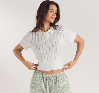 Lounge Sheer Gebreide Polo Top - Cr&egrave;me - XXL