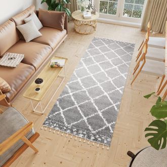 Tapiso Alfombra de pasillo shaggy de polipropileno en gris y crema 100x400 cm
