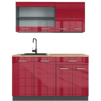 Vicco Cucina monoblocco R-Line, Bordeaux lucido/antracite, 140 cm, pl Rovere