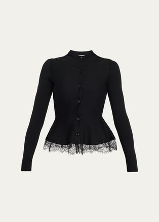 Alexander McQueen Lace-Trim Peplum Wool Crewneck Cardigan