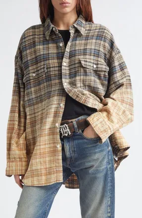 R13 Dip Dye Plaid Button-Up Boyfriend Shirt in Dip Bleach Blue Yellow Plaid at Nordstrom, Size X-Small