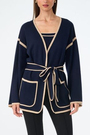 Trina Turk Wright Belted Flare Sleeve Cardigan in Indigo/biarritz Beige at Nordstrom, Size X-Small