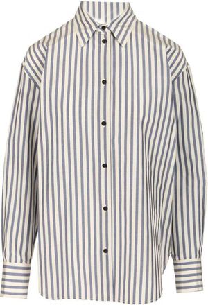 Forte_Forte Gestreept katoenmix overhemd - Dames - Overhemden - Blauw - L - Katoen - Overhemden
