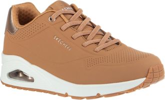 Skechers Womens Uno-Shimmer Away Sneaker, Tan, 8