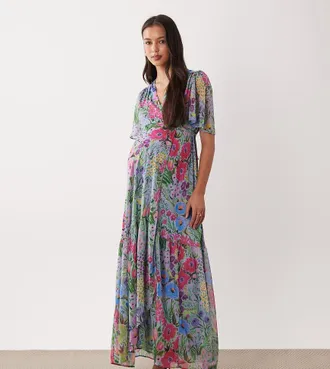 Hope & Ivy Maternity Vestito lungo a portafoglio con maniche con volant e laccetti lilla a fiori-Viola