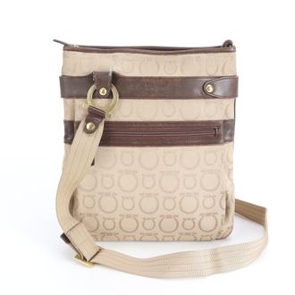 Ferragamo Beige Brown Leather Canvas Shoulder Bag (Pre-Owned)