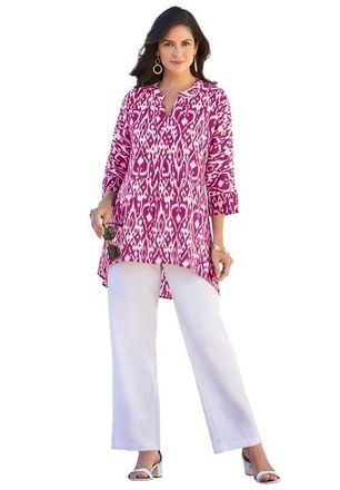 Jessica London Hi-Low Linen Tunic in Raspberry Brushed Tribal at Nordstrom, Size 32