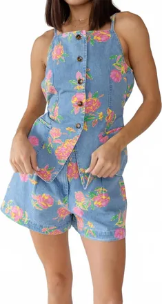 Entro Denim Vest Top In Blue Floral