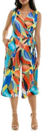 Nina Leonard Surplice Culotte Crop Jumpsuit in Black/deep Sapphire Multi at Nordstrom Rack, Size X-Large