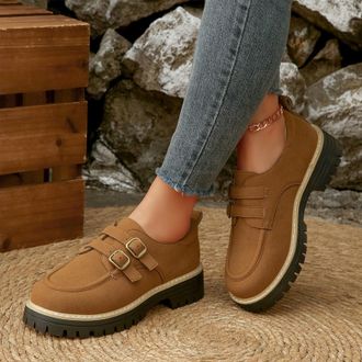 Generic Brown Female Versatile Loafers with Frosted Round Toe and Block Heel for Use Thick Sole Construction Mid Heel Everyday Activities