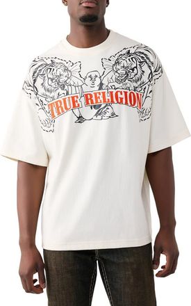 True Religion Tiger Logo Oversize Cotton Graphic T-Shirt in Winter White at Nordstrom, Size Xxx-Large