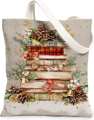 Generic Christmas Books Canvas Tote Bags, Pinecones Floral Pattern Reusable Grocery Bags, Winter Vintage Lightweight Washable Shoul, Gray, 13x15 Inch