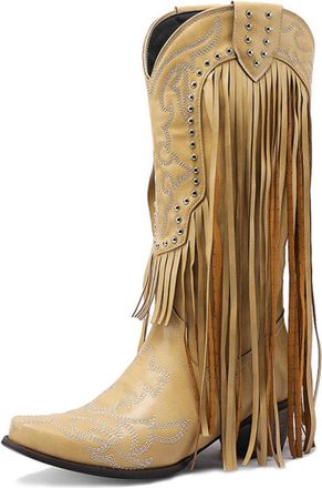 Generic Womens Knee-High Cowboy Boots PU Leather With Long Fringe Decorative Studs Embroidered Pattern Pointed Toe Comfortable Non-Slip Durable Construction,Y