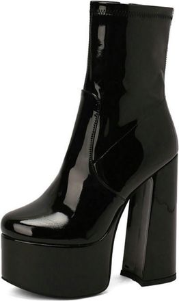 Generic Womens Patent Leather Ankle Boots with Chunky Heel & Side Zipper, Fall and Winter Style,Black,7.5 UK