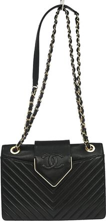 Chanel Collar And Tie Flap Chevron Sheepskin Black Leather Handbag (Pre-Owned)