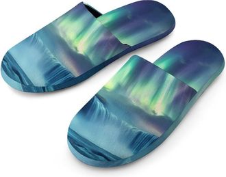 Generic Landscape of Iceland Flannel Mens Slip-on Slippers Winter Warm House Shoes with Rubber Sole for Home Hotel