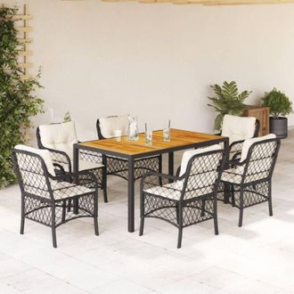 vidaXL Set De Comedor De Jard&iacute;n 7 Pzas Y Cojines Rat&aacute;n Sint&eacute;tico Negro Vidaxl