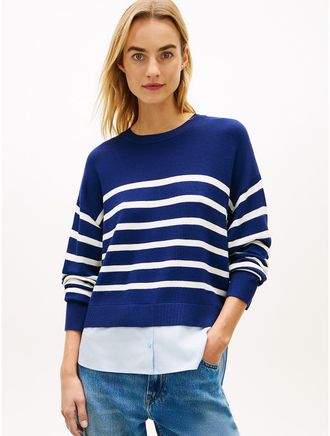 Tommy Hilfiger Womens Layered-Look Lightweight Stripe Sweater - Navy - XXL
