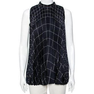 Ferragamo Navy Blue Windowpane Printed Silk Pleated Top