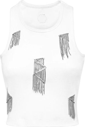 Philipp Plein Jersey Rib Tanktop met Franjes - Dames - Tops zonder mouwen - Wit - XL - Katoen - Tops