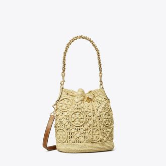 Tory Burch Womens T Monogram Raffia Bucket Bag, One Size