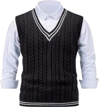 Generic Mens Sleeveless Jumper Knit Vest Classic V-Neck Sleeveless Jumper Men Business Knitwear Waistcoat Tank Top Ribbed Sweater Vests Autumn Winter Knitwear