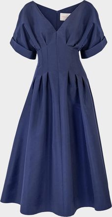 Carolina Herrera V-Neck Pleated Short-Sleeve Midi Dress