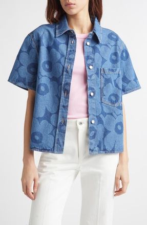 Marimekko Maridenim Kuvata Unikko Floral Print Top in Mid Indigo at Nordstrom, Size 34