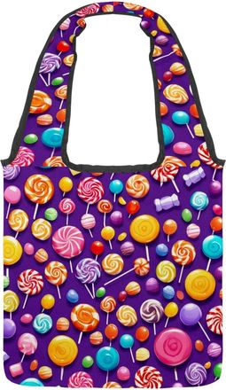 Generic Purple Candy Pattern Reversible Canvas Shoulder Tote - Double-Sided Print, 12oz Cotton, 27cm Drop, Fold-Flat Bag for Travel, Shopping, Street Outings