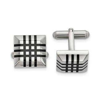 Diamond2Deal Stainless Steel Polished with Black Rubber Stripes Cufflinks