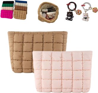 Generic Solid Color Quilted Design Clutch, Large Capacity Travel Storage Bag, Cute Quilted Puffer Makeup Bag,Women Travel Toiletry (2PCS-H)