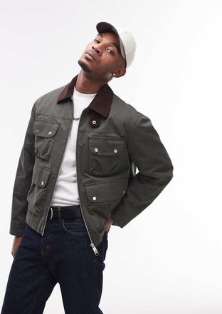 Topman Giacca effetto cerato verde con colletto in velluto a coste