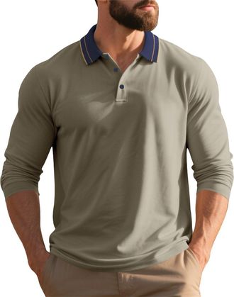 Generic Mens Long Sleeve Polo Shirt - Button Down Classic Style, Pullover Sweatshirt Fabric, Contrast Collar Detail, Timeless Polo for Daily Wear Brown