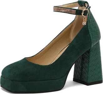 Generic Womens Round Toe Pumps Suede Snakeskin Pattern Block Heel Platform Adjustable Ankle Strap Rhinestone Charm Cushioned Insole Anti-Slip Durable Sole,Gre