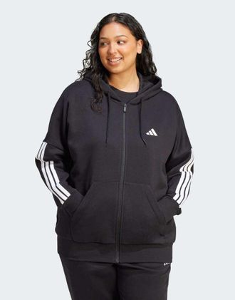 adidas adidas Performance Plus - Essentials - Felpa con cappuccio in pile nera / bianca con 3 strisce e zip-Nero
