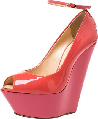 Giuseppe Zanotti Pink/orange Patent Leather Ankle Strap Platform Wedge Pumps