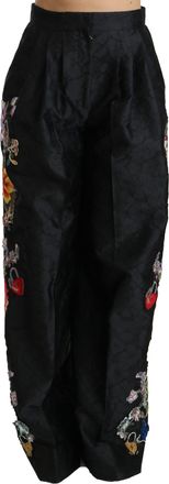 Dolce & Gabbana Womens Black Brocade Floral Sequined Beaded Pants Polyester Silk Nylon