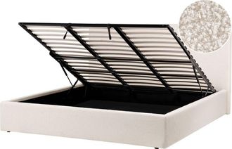 Beliani Ottoman Bed Off-White Boucle EU Super KingSize 6ft Fabric Upholstery with Wide Headboard and Storage Lift-Up Slatted Base BRENON