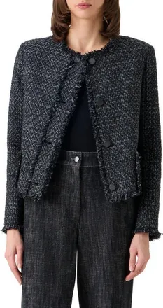 Akris Boxy Fringe Cotton Blend Tweed Jacket in Black-Stone at Nordstrom, Size 14