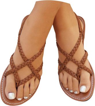 Generic Womens Braided Leather Flat Sandals Boho Chic Ankle Strap Sandals for Women Comfortable Bohemian Summer Shoes Breathable Dressy Beach Holiday Wedding 