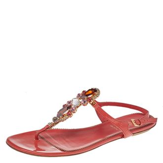 Loriblu Orange Patent Leather Crystal Embellished Ankle Strap Flat Sandals
