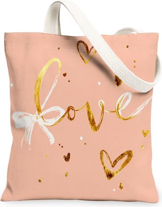 Generic ValentineS Hearts Canvas Tote Bags, Stylish Love Pattern Reusable Grocery Bags, Lightweight Washable Shoulder Strap Canvas, Peach, 13x15 Inch
