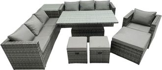 Fimous Fimous PE Rattan Garden Furniture Set Lounge Sofa Rising Dining Table Set with Side Table 3 Footstool Dark Grey Mixed