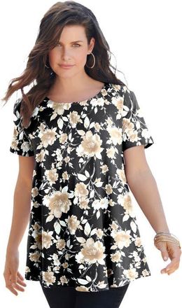 Roaman's Plus Size Ultimate Cotton Crewneck Short Sleeve Swing Tee in Camel Watercolor Rose at Nordstrom, Size Medium