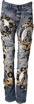 Dolce & Gabbana Mens Blue Ripped Embellished Cotton Denim Jeans Clothing