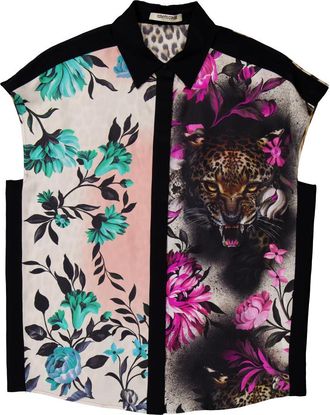 Roberto Cavalli Sleeveless Mixed-Print Silk Shirt, Brand Size 44 ( US Size 10 )
