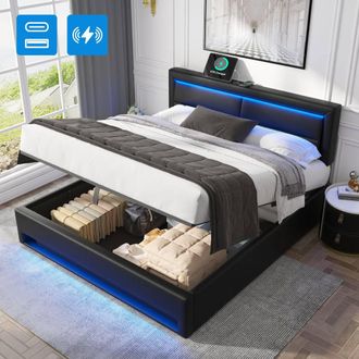 Matteo Super King Upholstered Bed with USB, LED & Storage - Black PU